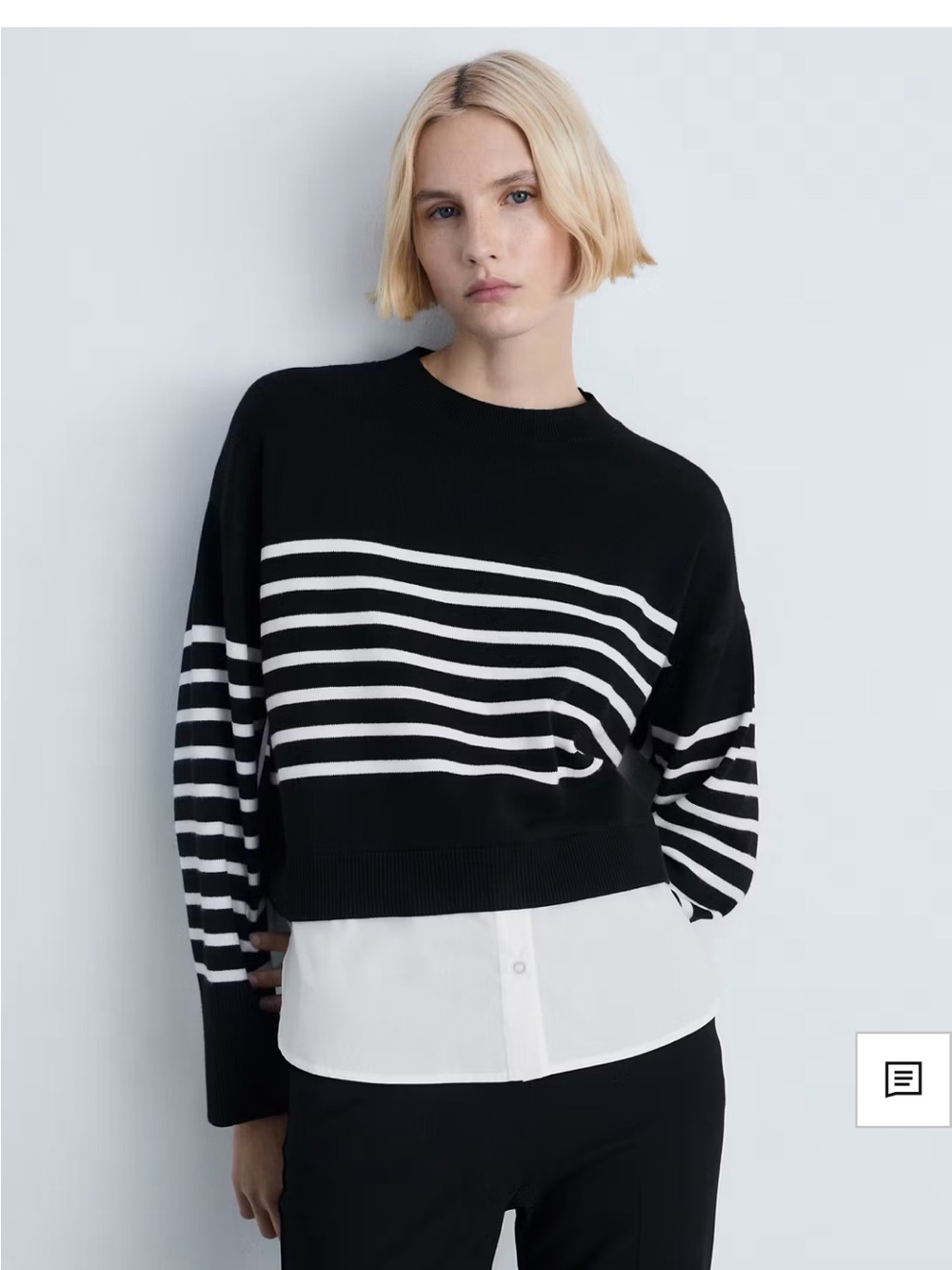Mango Black & White Striped Knit Sweater with blouse hem attached.